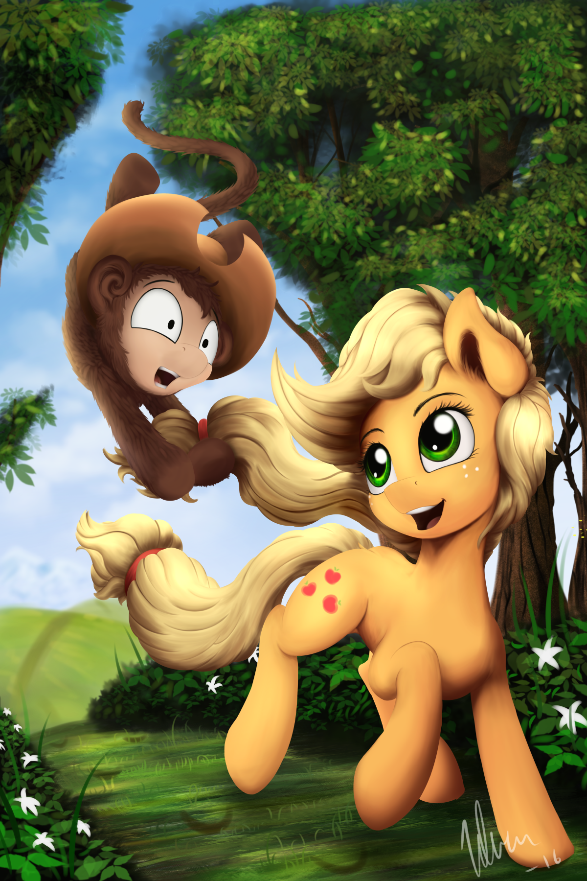 e621 applejack_(mlp) blonde_hair cutie_mark day detailed_background eyelashes feral friendship_is_magic grass green_eyes hair hooves mammal monkey my_little_pony outside primate salterino sky smile