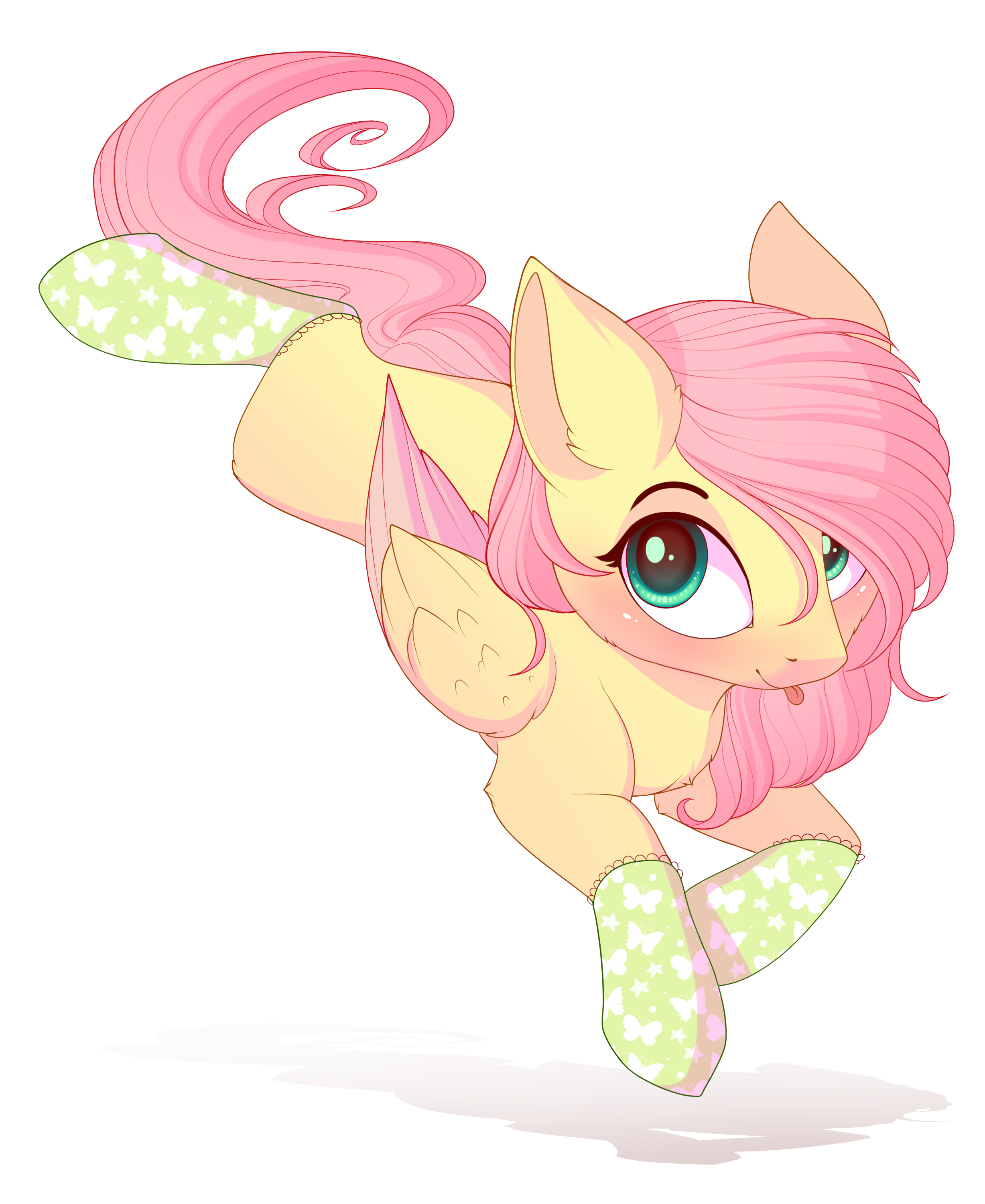 e621 blue_eyes clothing equine evehly eyelashes feathered_wings feathers female feral fluttershy_(mlp) friendship_is_magic fur hair hooves legwear mammal my_little_pony pegasus pink_hair simple_background smile socks solo tongue white_background wings yellow_fur
