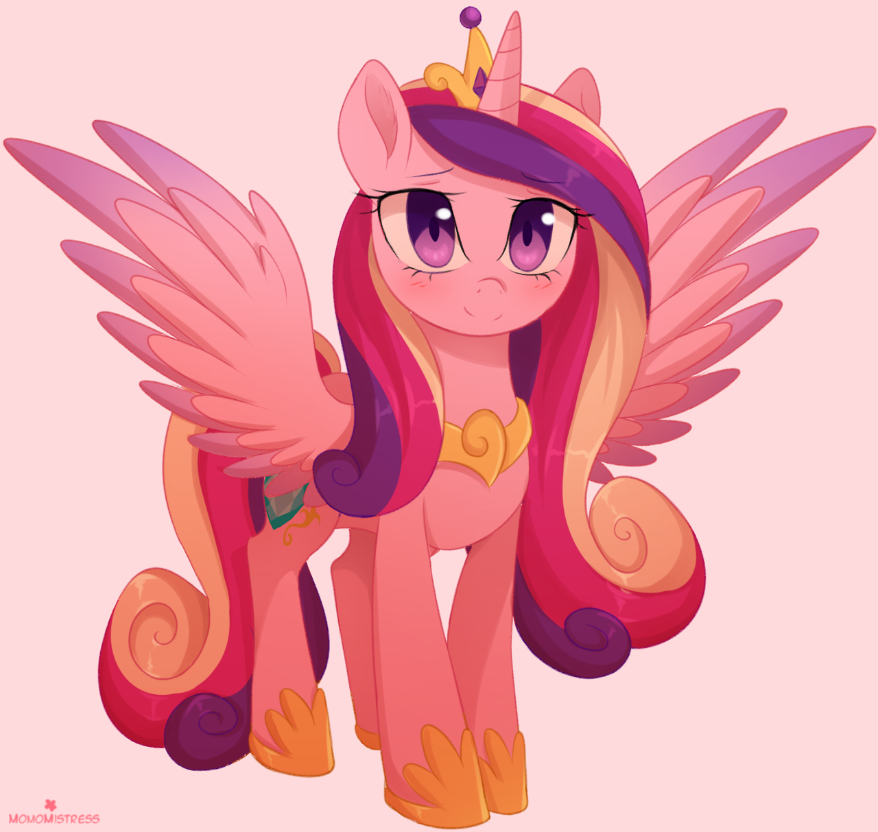e621 2017 blush cutie_mark equine eyelashes feathered_wings feathers female feral friendship_is_magic hair horn long_hair mammal momomistress multicolored_hair multicolored_tail my_little_pony princess_cadance_(mlp) purple_eyes simple_background smile solo spread_wings winged_unicorn wings