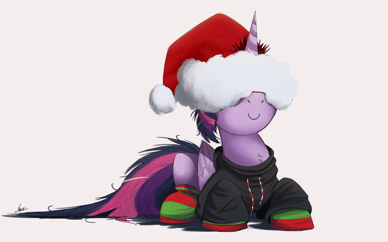 e621 16:10 2015 christmas clothing digital_media_(artwork) equine feathered_wings feathers female feral friendship_is_magic fur hair hat holidays hoodie horn legwear mammal multicolored_hair my_little_pony ncmares purple_feathers purple_fur purple_hair santa_hat socks solo twilight_sparkle_(mlp) winged_unicorn wings