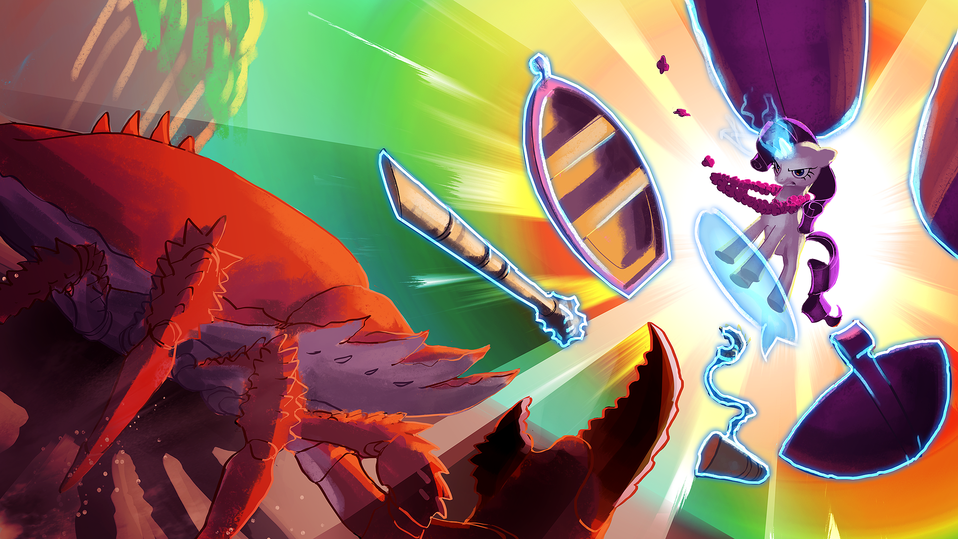 Commission: Rarity battles a crab by Makkon