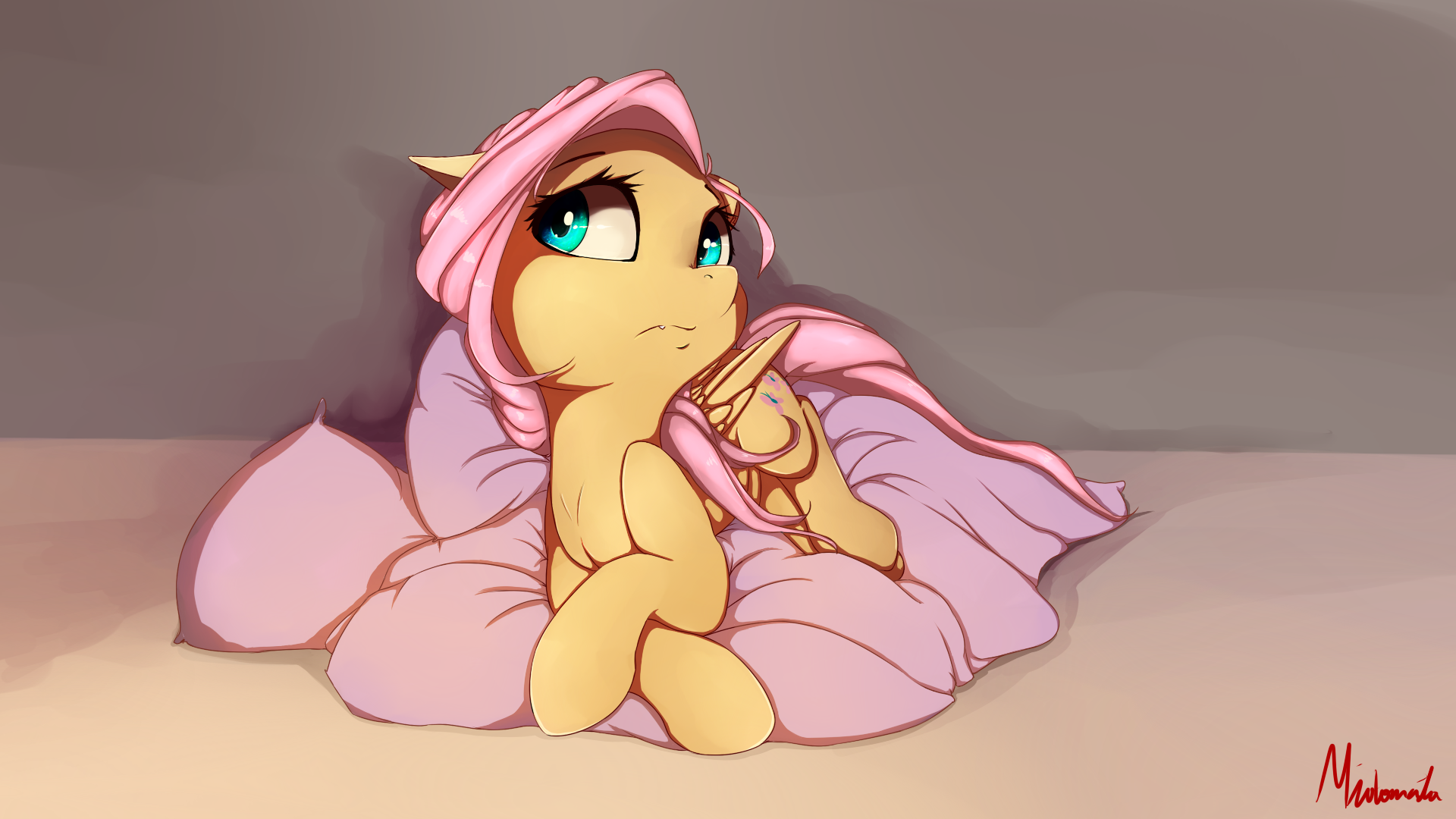 e621 blush butt cute_fangs cutie_mark equine eyebrows eyelashes fangs feathered_wings feathers female feral fluttershy_(mlp) friendship_is_magic hair hi_res lighting lying mammal miokomata my_little_pony pegasus pillow pink_hair solo wings