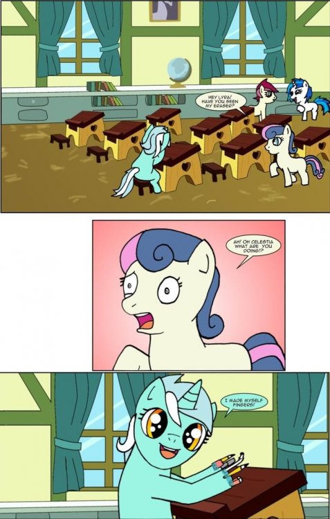 HEY LYRA! HAVE YOu SEEN MY ERASERP AH! OH CELESTIA WHAT ARE YOu DOING! I MADE MYSELF FINGERS! Comics comics cartoon text fiction fictional character games art illustration