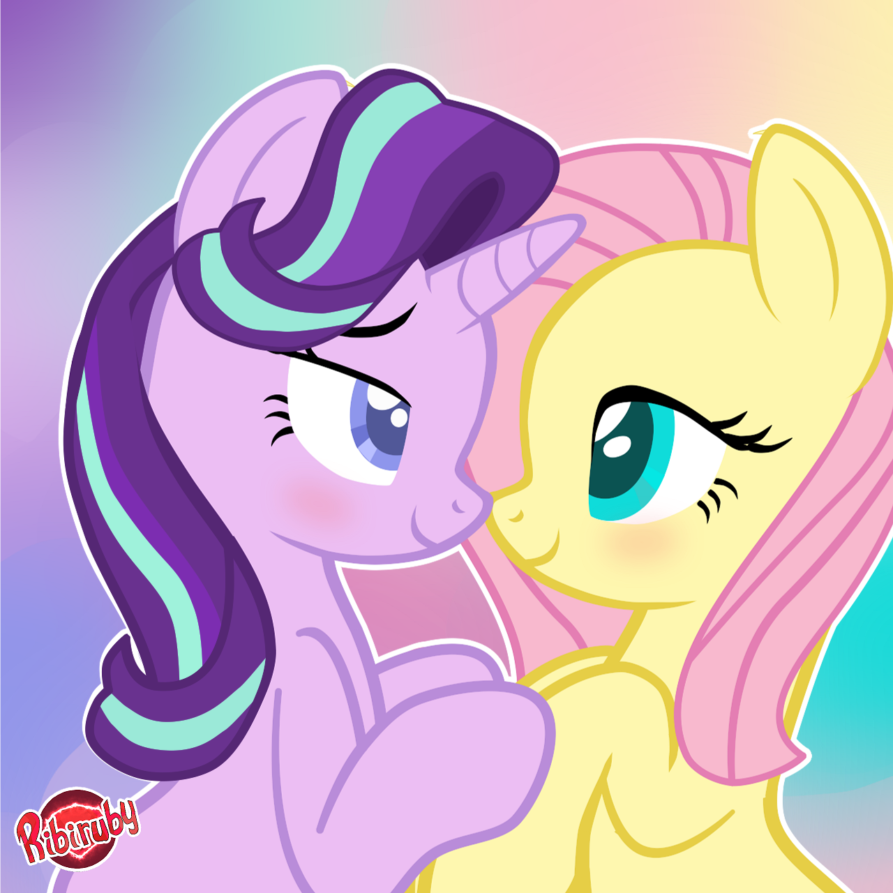 e621 earth_pony equine female feral fluttershy_(mlp) friendship_is_magic hair horn horse mammal multicolored_hair my_little_pony pony ribiruby simple_background starlight_glimmer_(mlp) unicorn
