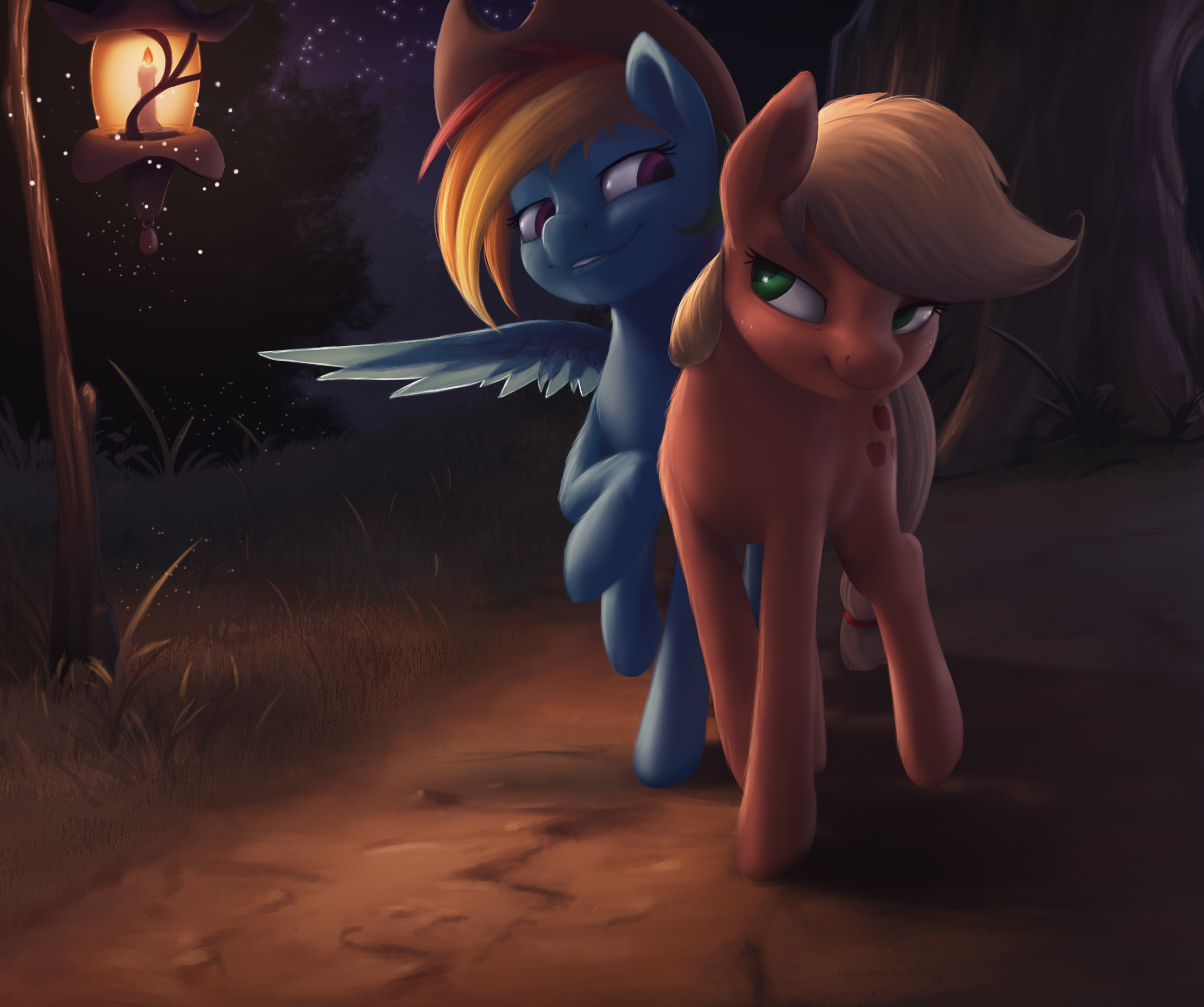 e621 applejack_(mlp) bedroom_eyes blonde_hair cowboy_hat cutie_mark duo equine female feral freckles friendship_is_magic hair half-closed_eyes hat horse lantern mammal multicolored_hair my_little_pony night pegasus pony rainbow_dash_(mlp) rainbow_hair seductive star starblaze25 wings