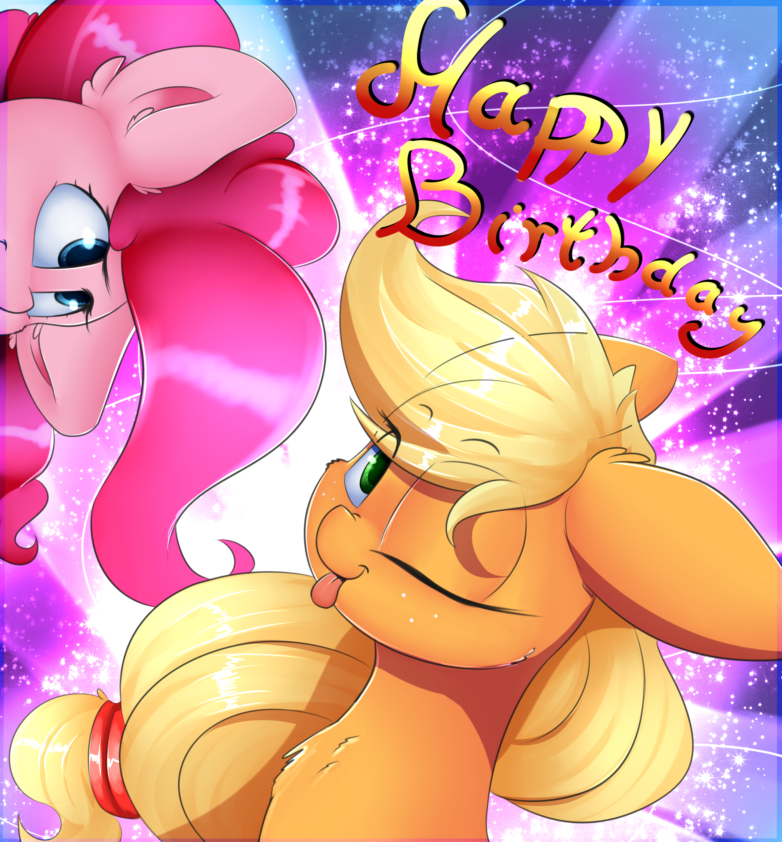 e621 applejack_(mlp) blonde_hair blue_eyes duo earth_pony english_text equine female feral friendship_is_magic green_eyes hair horse madacon mammal my_little_pony one_eye_closed pink_hair pinkie_pie_(mlp) pony smile text tongue tongue_out wink