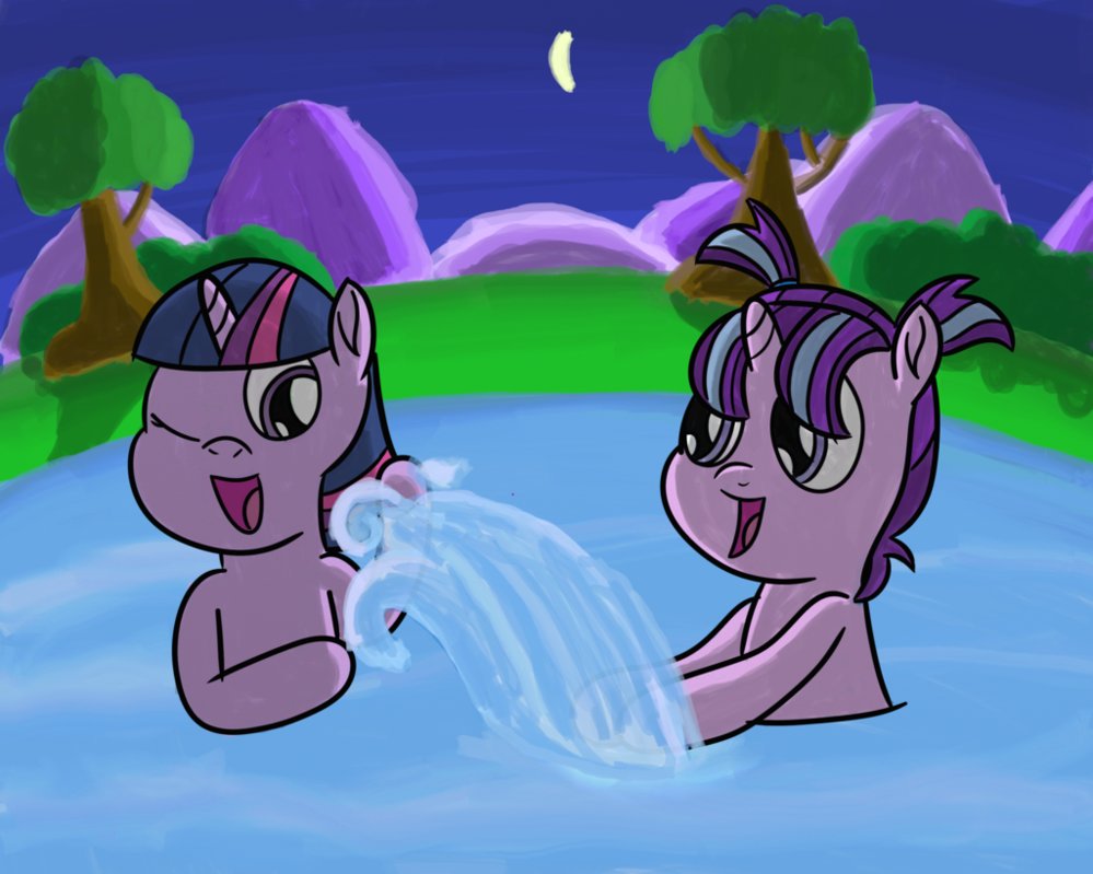 Filly Twilight and Starlight playing in the lake