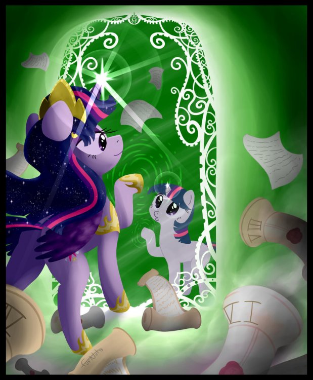 501726 - alicorn, artist:furnut5158, female, foal, magic mirror, mare,  older, pony, safe, time travel, twilight sparkle, twilight sparkle  (alicorn) - Derpibooru