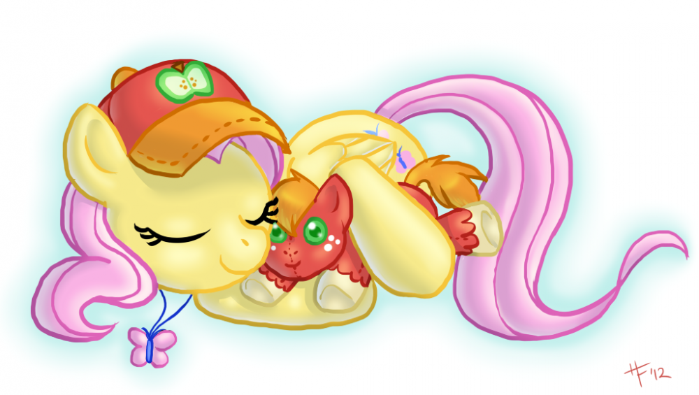 500850 - artist:heavenlyfluff, baseball cap, big macintosh, earth pony,  fangirl, fluttermac, fluttershy, hat, male, pony, safe, shipping, sleeping,  stallion, straight - Derpibooru