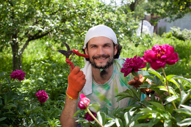 man-cutting-peony-bush-secateurs-garden-