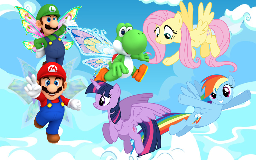 Mario and friends flying in the clouds by user15432