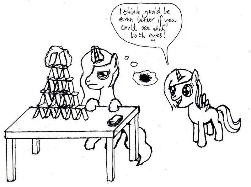 495000 - artist:doctorspectrum, card tower, filly, monochrome ...