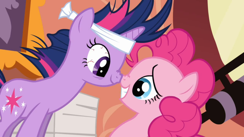 499764 - awkward smile, crazy eyes, it's about time, pinkie pie, safe,  screencap, twilight sparkle - Derpibooru