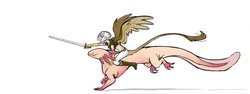 Size: 1024x386 | Tagged: safe, artist:kez, gilda, axolotl, human, salamander, animal, gills, humanized, light skin, macro, riding, simple background, sword, tailed humanization, white background, winged humanization