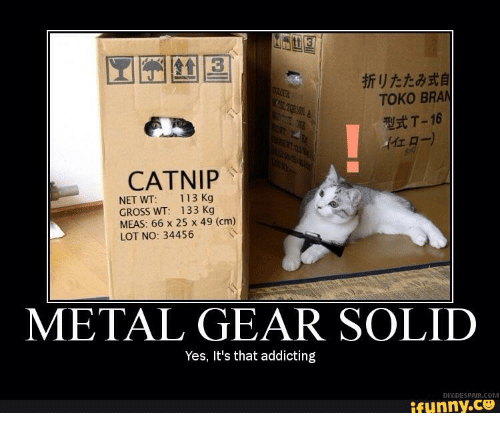 Despair, Metal Gear, and Metal: TOKO BRAM  T-16  CATNIP  NET WT  113 Kg  GROSS WT: 133 Kg  MEAS: 66 x 25 x 49 (cm)  LOT NO: 34456  METAL GEAR SOLID  Yes, It's that addicting  DIY DESPAIR COM  ifunny.CO