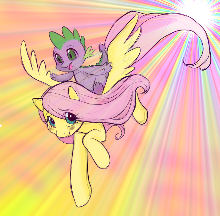 Spike riding on Fluttershy while she does a sonic rainboom! 