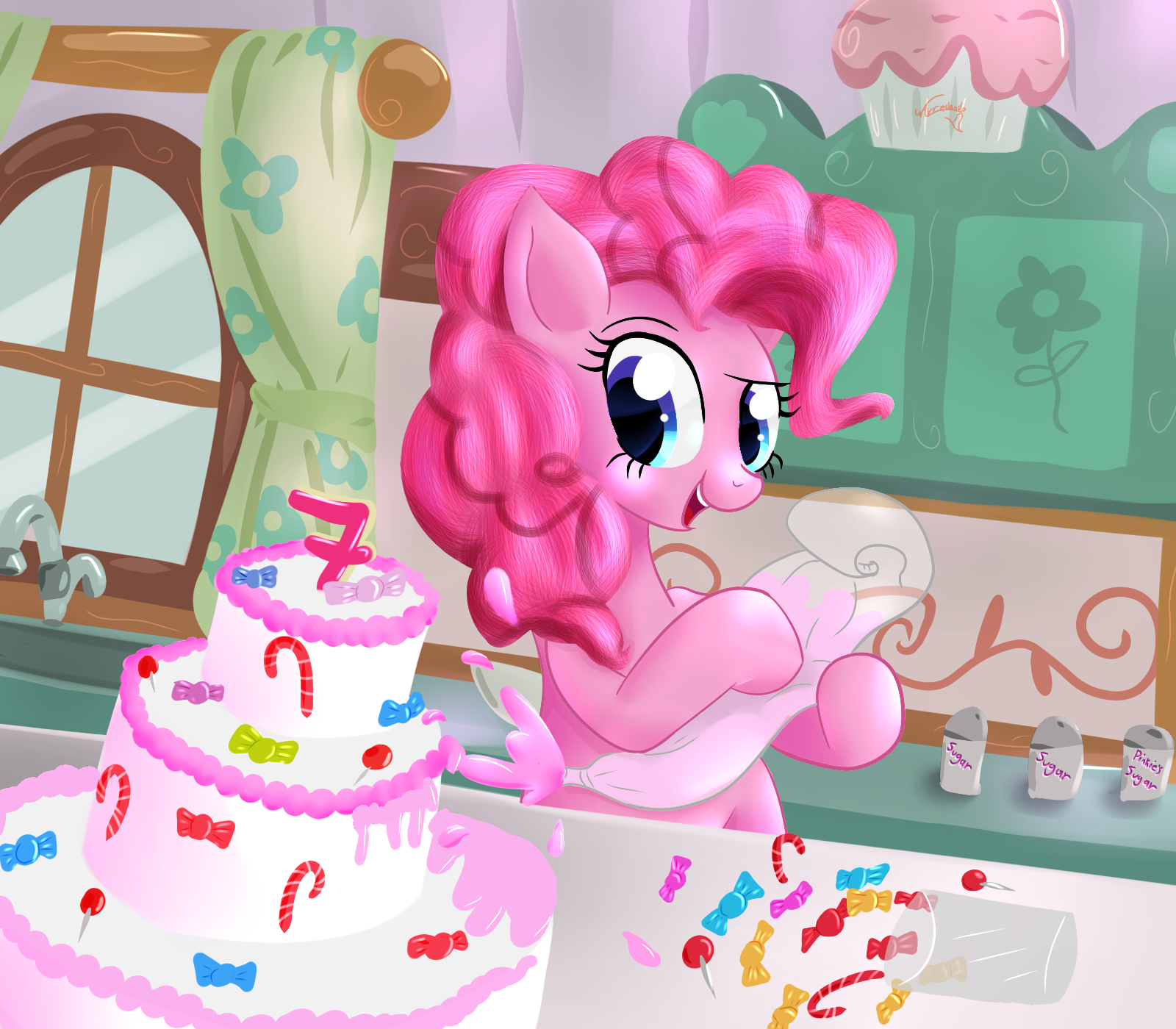 Pinkie pie s cupcake. Пинки Пай со сладостями. МЛП Пинки Пай сладости кадры. Пони Кэнди кейк. Пинки Пай кондитер.