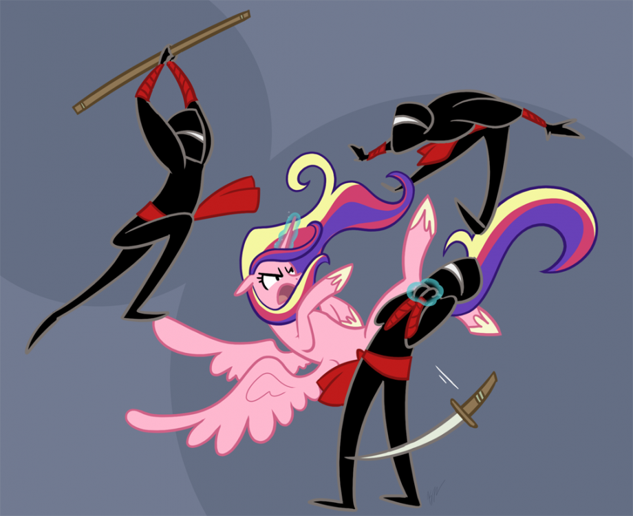 37303__safe_artist-colon-egophiliac_princess+cadance_action+pose_choking_fight_human_magic_ninja_spread+wings_staff_sword_telekinesis_weapon.png