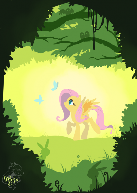 1360945__safe_artist-colon-ogre_fluttershy_bird_butterfly_forest_looking+at+something_looking+up_no+mouth_pixiv_profile_rabbit_raised+hoof_solo_spread+.png