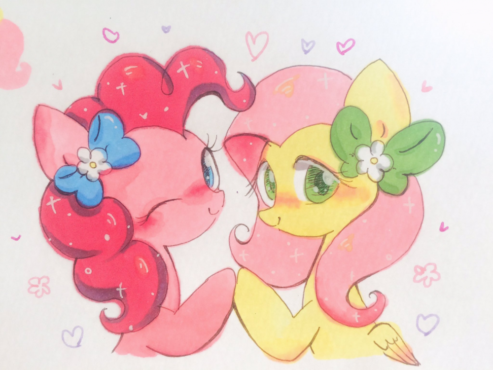 1682940__safe_artist-colon-pacocha_n_fluttershy_pinkie pie_blushing_bow_bust_earth pony_female_flower_flutterpie_heart_holding hooves_lesbian_looking a.png