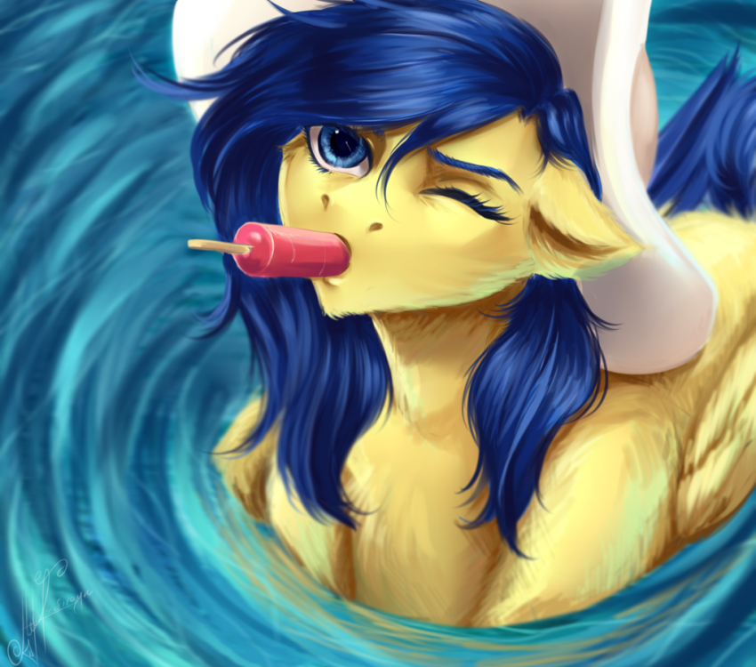1769114__safe_artist-colon-zefirayn_oc_oc+only_commission_digital+art_eating_female_food_hat_mare_one+eye+closed_pegasus_pony_popsicle_solo_swimming_ve.png