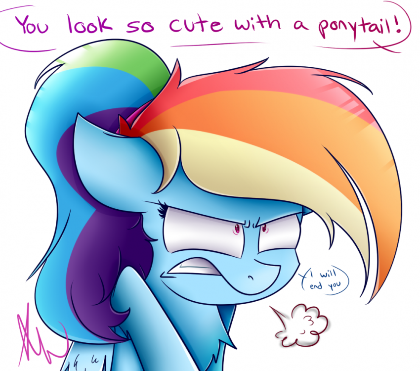 1289797__safe_artist-colon-vanillashineart_rainbow+dash_alternate+hairstyle_angry_cute_dialogue_female_i'm+not+cute_mare_pegasus_pony_ponytail_snorti.png