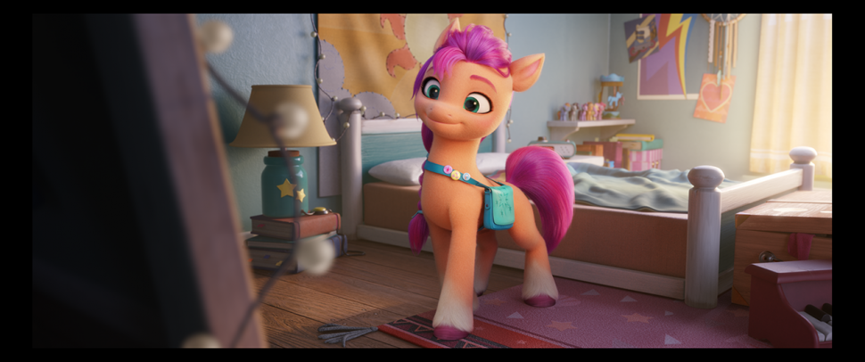 MLP Movie G5 (My Little Pony 2021 movie) screenshot, showing Sunny, the movie's new Earth Pony protagonist, against a backdrop filled with My Little Pony: Friendship is Magic memorabilia