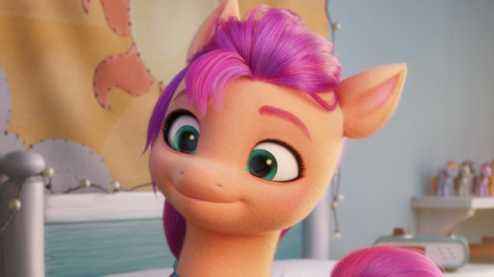 MLP Movie G5 (My Little Pony 2021 movie) screenshot showing a close-up of Sunny, the movie's new Earth Pony protagonist