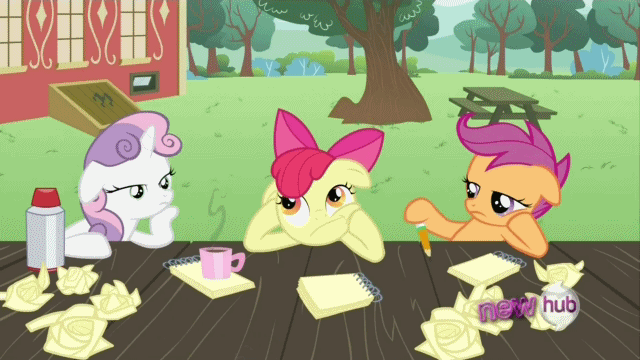 35511__safe_screencap_applebloom_scootaloo_sweetiebelle_ponyvilleconfidential_animated_bored_cutiemarkcrusaders_hublogo_pondering_suddenclarity.gif.eb63b64ce5d249d4db866d8603298f12.gif