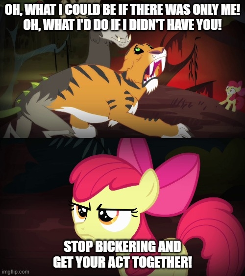 3283935__safe_anonymous+artist_edit_edited+screencap_screencap_apple+bloom_chimera+sisters_chimera_earth+pony_pony_g4_somepony+to+watch+over+me_annoyed_apple+bl.jpg